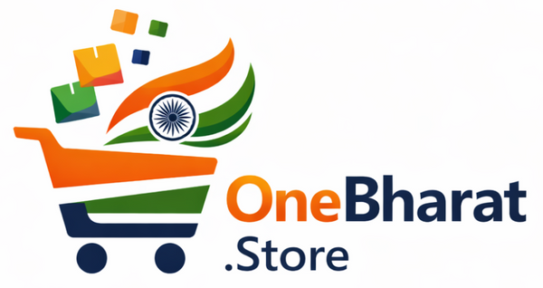 Logo of OneBharat Store with a shopping cart and Indian flag design on a white background